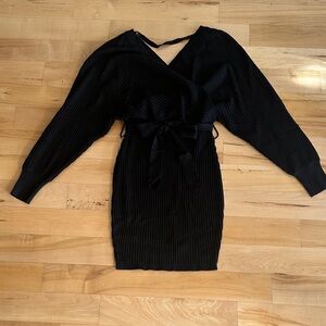 Elegant Black Wrap Ribbed Knit Dress